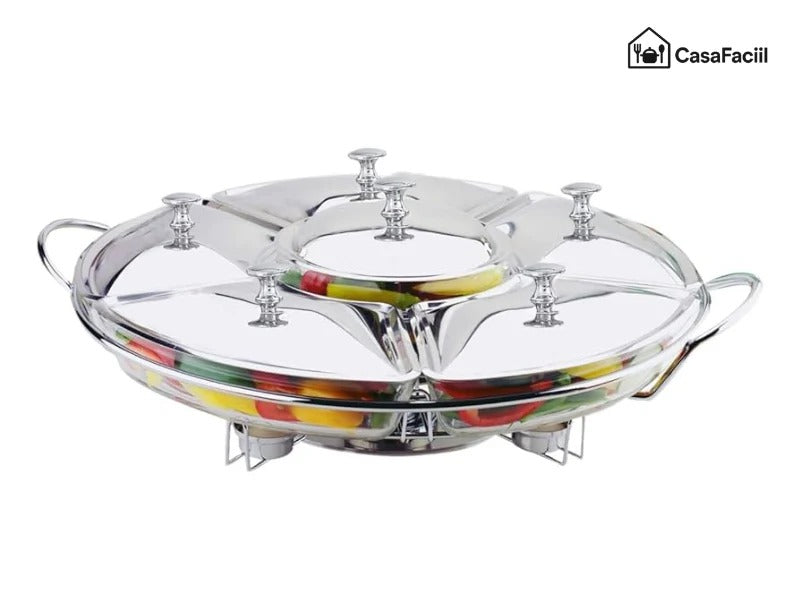 Rechaud Giratório Com 6 Compartimentos Aço Inox E Vidro