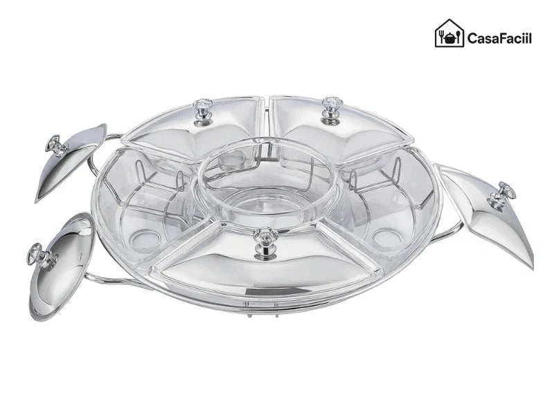 Rechaud Giratório Com 6 Compartimentos Aço Inox E Vidro